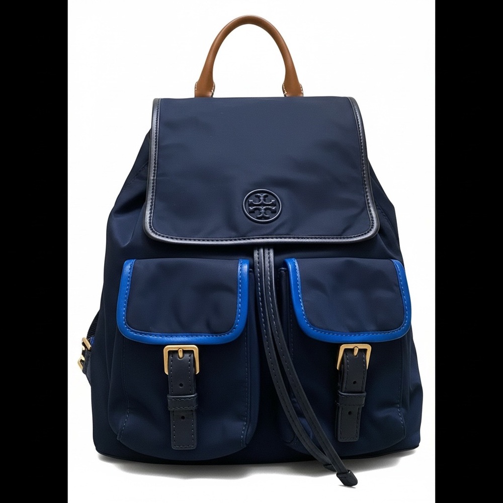 Tory Burch Navy Backpack with Tan Top Handle and Royal Blue Trim